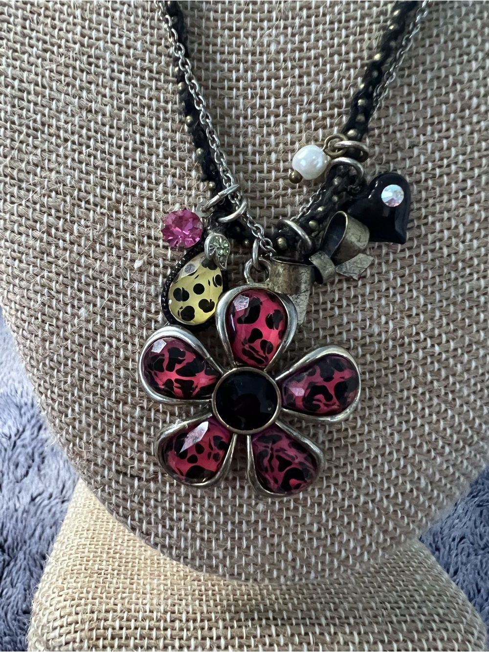 Vintage Betsey Johnson Jungle Fever Leopard Print Floral Necklace